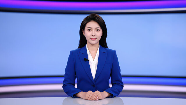 News Anchor in Studio: A poised female news anchor, dressed in a sharp blue blazer, delivers information from a modern studio setting with a vibrant, illuminated background.