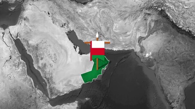 Oman map graphic overlaid with national flag and spearhead motion animation video clip