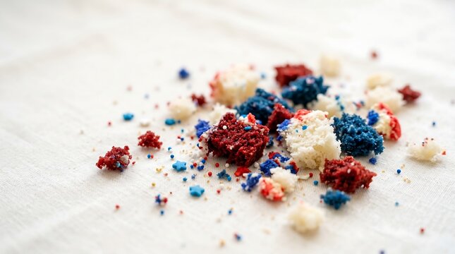 Messy Red White and Blue Cake Crumbs on Linen Fabric