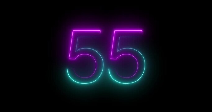 Glowing neon 55 text number animation on black background. Bright neon 55 number symbol. glowing neon number animation concept