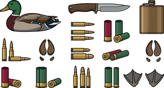 Duck and Big Game Hunting Equipment Icon Set with Mallard Decoy Hunting Knife Ammo Bullets Shotgun Shells Flask and Animal Tracks Vector Illustrations