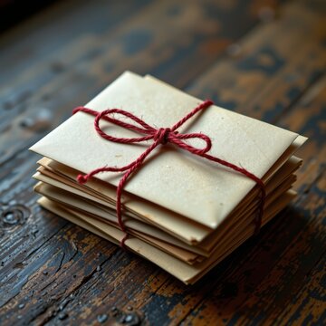 Stack of vintage envelopes tied with red string on rustic wooden surface