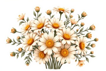 Fototapeta premium A detailed illustration of a bouquet of white daisies with yellow centers and green stems.