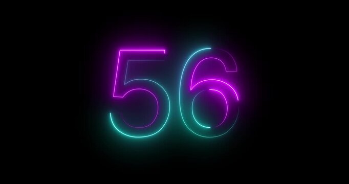 Glowing neon 56 text number animation on black background. Bright neon 56 number symbol. glowing neon number animation concept