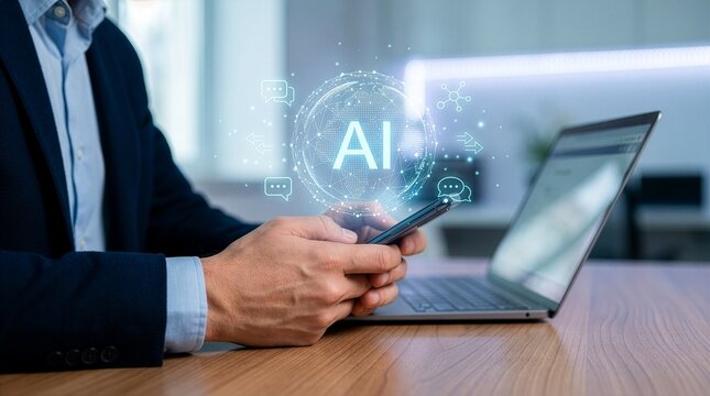 Business man using digital chatbot application Artificial Intelligence (AI). Futuristic technology transformation by entering command prompt for artificial. New