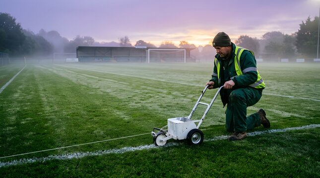 Groundskeeper marking lines on a soccer field with a machine during a misty morning