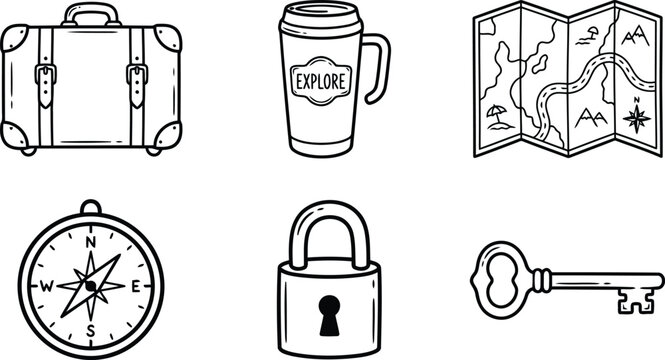 Detailed travel adventure icon set with suitcase coffee cup map compass lock and key