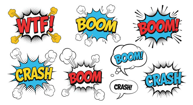 Dynamic set of comic book speech bubbles and explosive sound effect bursts like boom wtf and crash in a classic pop art graphic art style.