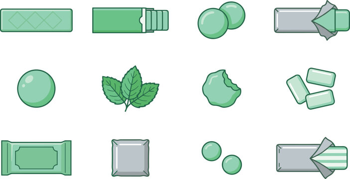 Mint Chewing Gum Icon Set with Open Foil Wrapper Sticks Green Gumballs Bitten Dragee Peppermint Leaves and Flow Pack Candy Packaging Vector Illustrations