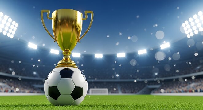 Football world cup championship trophy and soccer ball on stadium field
