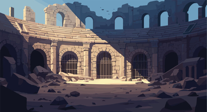Ruins of an ancient Roman colosseum with stone arches and cages under a clear blue sky in a detailed digital landscape illustration scenery.