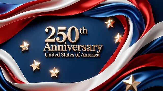 USA 250th Anniversary Semiquincentennial celebration background, United States of America patriotic banner with silk red white and blue ribbons and gold stars