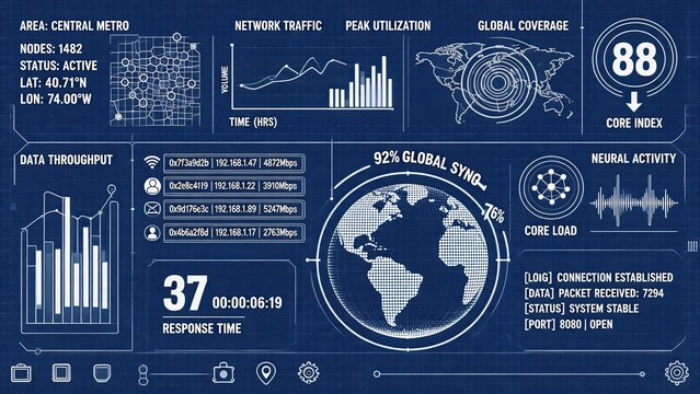 Futuristic blue blueprint style dashboard displaying network traffic data, global coverage map, system status indicators, neural activity graphs, technical information