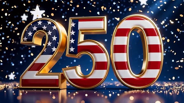 USA Semiquincentennial 250th anniversary celebration, American flag pattern numbers with gold trim, festive confetti and stars on dark blue background