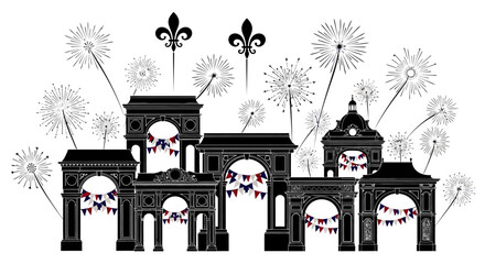 A collection of ornate architectural arches decorated with festive bunting and fleur de lis symbols. © Alya