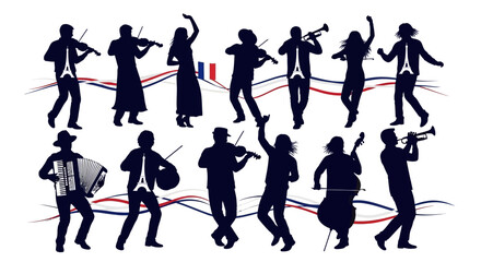 Silhouettes of musicians and dancers performing in a lively musical ensemble. © Alya