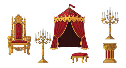 Fototapeta premium Assorted royal throne room furniture including a gold throne with red velvet a canopy tent candelabras and a footstool on a white background.