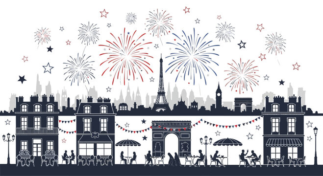 Silhouette illustration of a Parisian street scene with the Eiffel Tower and fireworks.
