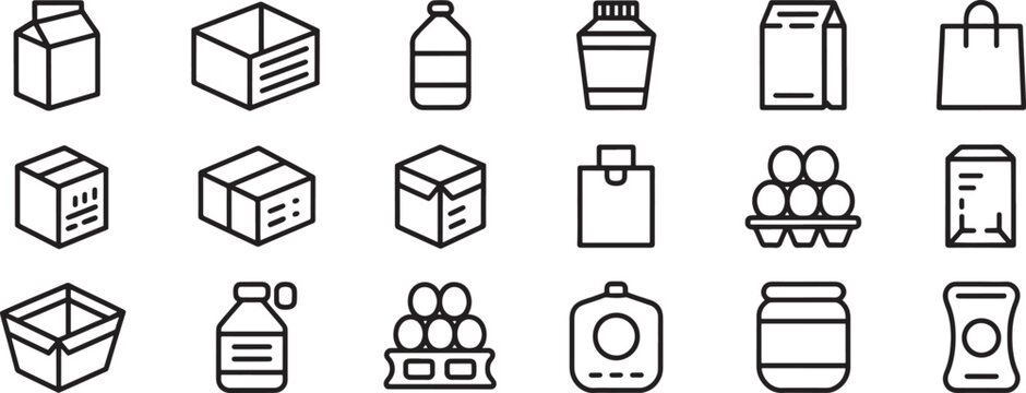 Box and Bottle Icon Set with Shopping, Drinks, and Pantry Packaging Symbols in Black Line Style Featuring Boxes, Carton, Parcel with Drink