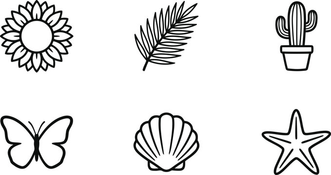 Nature and coastal wildlife elements line art icons featuring flower leaf cactus and shell