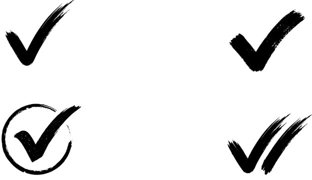 Textured hand drawn black ink check mark icons set. Brush stroke validation mark, circle tick symbol, success, agreement