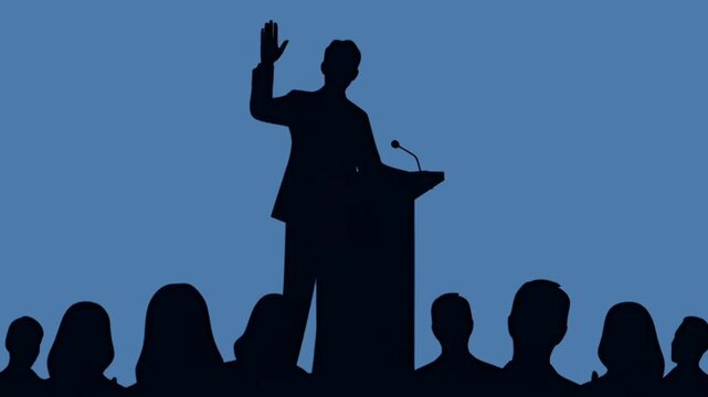 Silhouette of Politician Giving Speech at Podium in Front of Audience