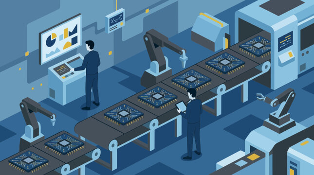 Isometric smart factory automated microchip production line