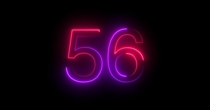 Glowing neon 56 text number animation on black background. Bright neon 56 number symbol. glowing neon number animation concept