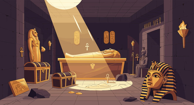 Interior of an ancient Egyptian tomb featuring a golden sarcophagus pharaoh statues treasure chests and hieroglyphics under a beam of light.