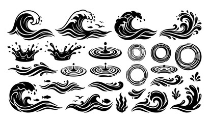 Fototapeta premium Water splash ripple and sea wave black ink vector bundle isolated on white background