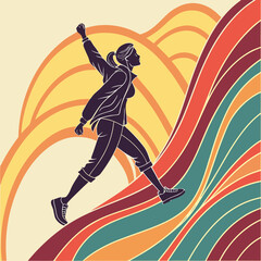 Obraz premium Silhouette of woman power walking uphill against stylized retro wavy mountain background with orange sun circular shapes and multi color stripe paths