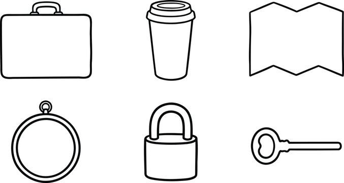 Business and travel icon set including briefcase coffee cup map compass lock and key