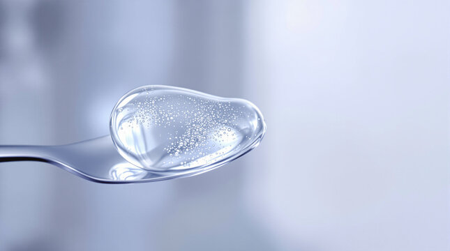 Minimalist clear hydrating cosmetic gel texture resting on a sleek titanium surgical spatula.