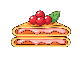 Sweet Layered Pancake Dessert with Berry Jam and Cream Topped with Cherries and Mint Leaf, Cartoon Food Illustration Isolated on White © Miyar