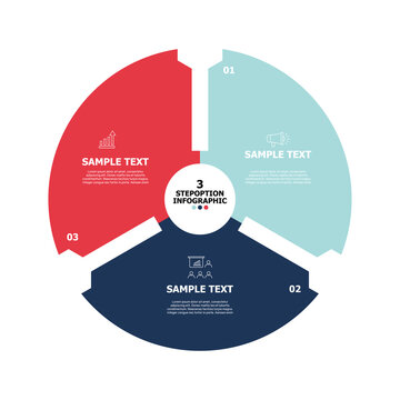 Circle chart infographic with 3 option steps for visual data presentation, business report, or web template. Vector editable.