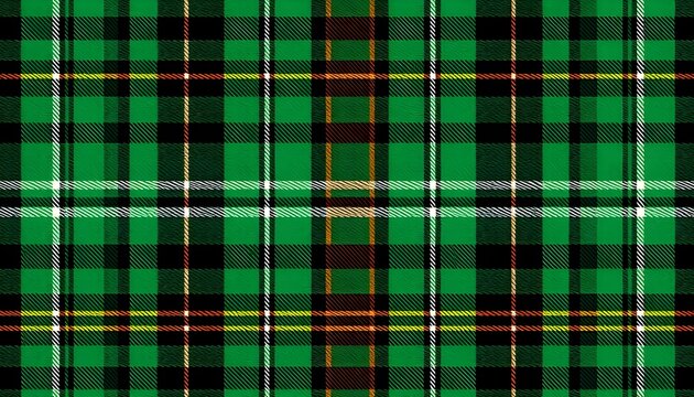 A seamless, high-resolution textile texture of a traditional Scottish tartan plaid fabric, exactly matching the pattern in image_4d75e7.png. The design features a vibrant green base interwoven with a 