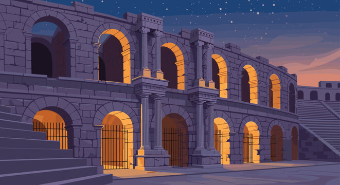 Stone ruins of an ancient Roman gladiator arena illuminated by warm orange lights from the arches under a starry night sky landscape scene.