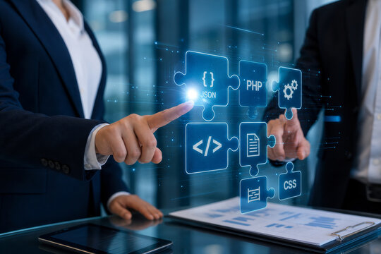 Low code no code development platform concept with professional using stylus on digital interface, application builder tools, cloud integration, and workflow automation for efficient software. New