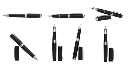 Obraz premium assorted views of a black fountain pen and cap studio white background multiple writing instrument use cases stock photo