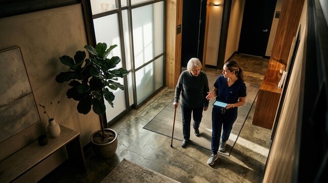Caring Assistance For Elderly Resident On Modern Healthcare Building Hallway