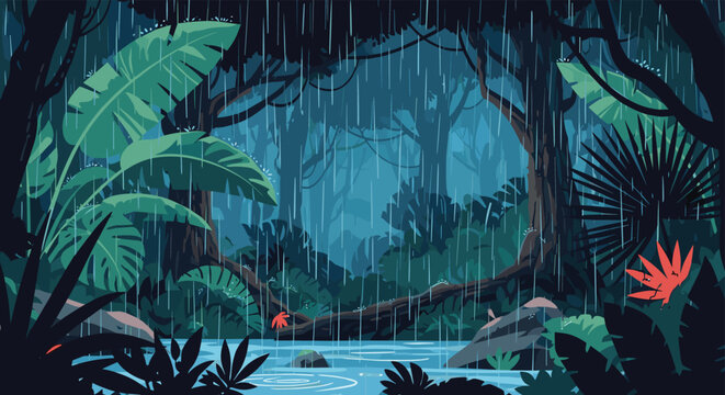 Tropical rainforest during a heavy rainstorm with large green leaves and a flowing stream in a moody pixel art atmosphere.
