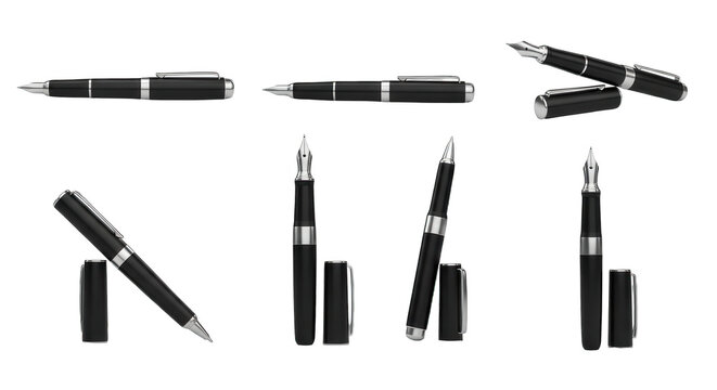 assorted views of a black fountain pen and cap studio white background multiple writing instrument use cases stock photo