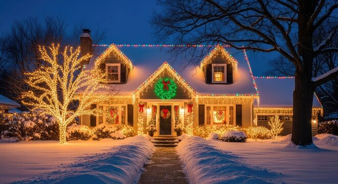 A charming suburban home glows at night with festive holiday lights, featuring a green wreath on the front door and snowy yard landscape, exterior, evening, windows
