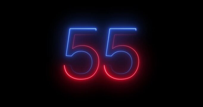 Glowing neon 55 text number animation on black background. Bright neon 55 number symbol. glowing neon number animation concept
