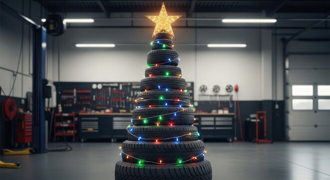 A creative holiday tree crafted from stacked black rubber tires decorated with colorful glowing lights and a gold star inside an auto shop, colorful, handcrafted, vehicle