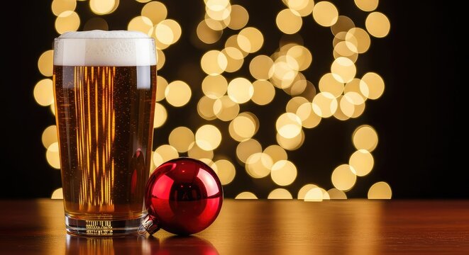 A frothy pint of golden ale rests near a glinting crimson bauble on a dark surface, lit by a warm glowing festive bokeh background, seasonal, shiny, party
