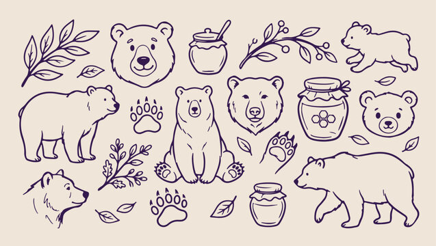 Friendly bear honey forest animal pattern, minimal vector illustration, line art design, monoline style, clean modern graphics, isolated on background, premium decorative element
fresh, print, tropica