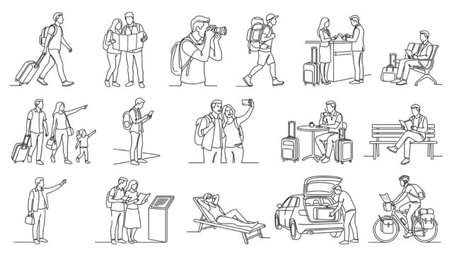 Collection of minimalist line art illustrations depicting various travel-related activities and scenes, such as people with luggage, taking photos, checking in, relaxing, and riding bicycles