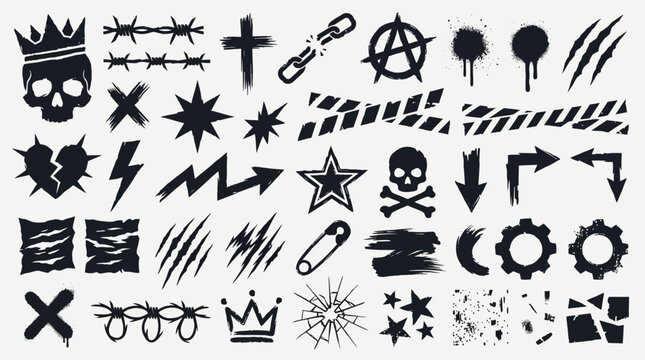 A collection of grunge and punk graphic elements including skulls, barbed wire, anarchy symbols, stars, scratches, and distressed textures.