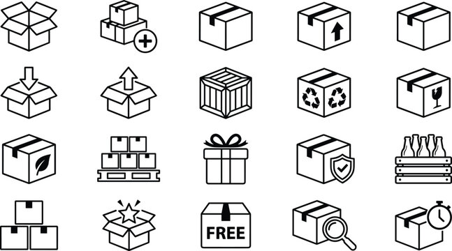 Logistics and shipping line icon set featuring cardboard boxes, delivery packages, fragile signs, recycling symbols, and warehouse distribution icons